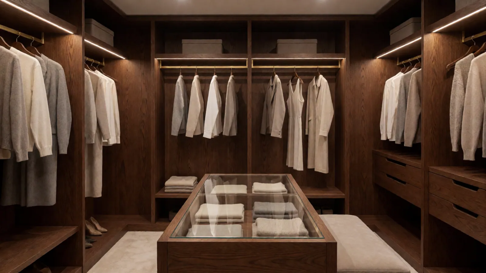 Custom dressing-room joinery with partner-house hardware in a Queens, NY apartment