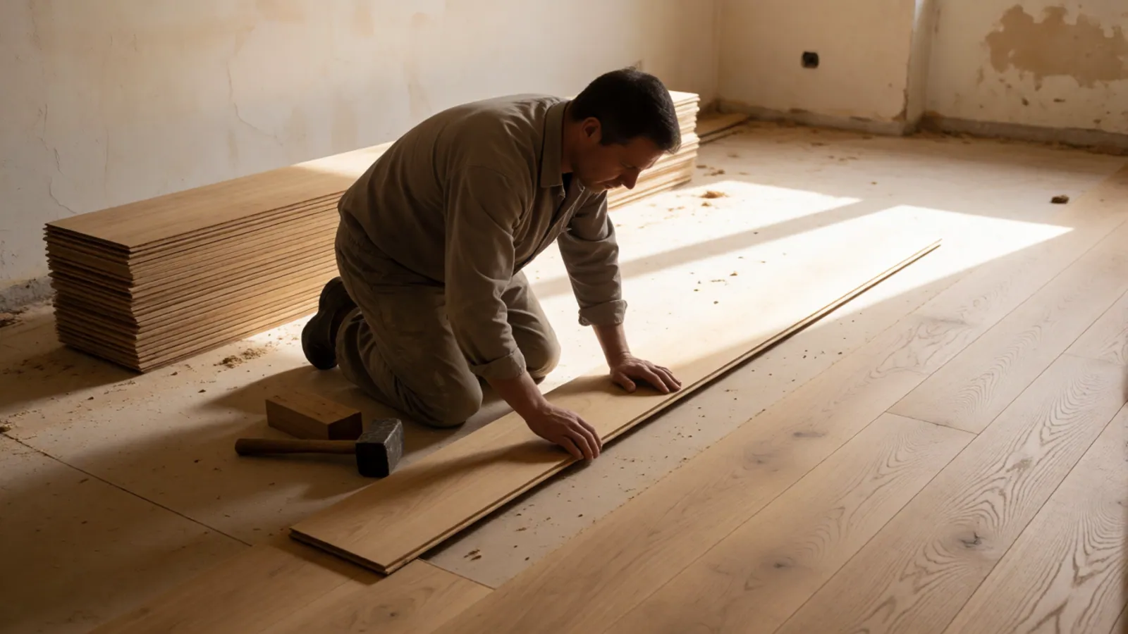 A carpenter laying oak flooring during a Woodside, NY renovation