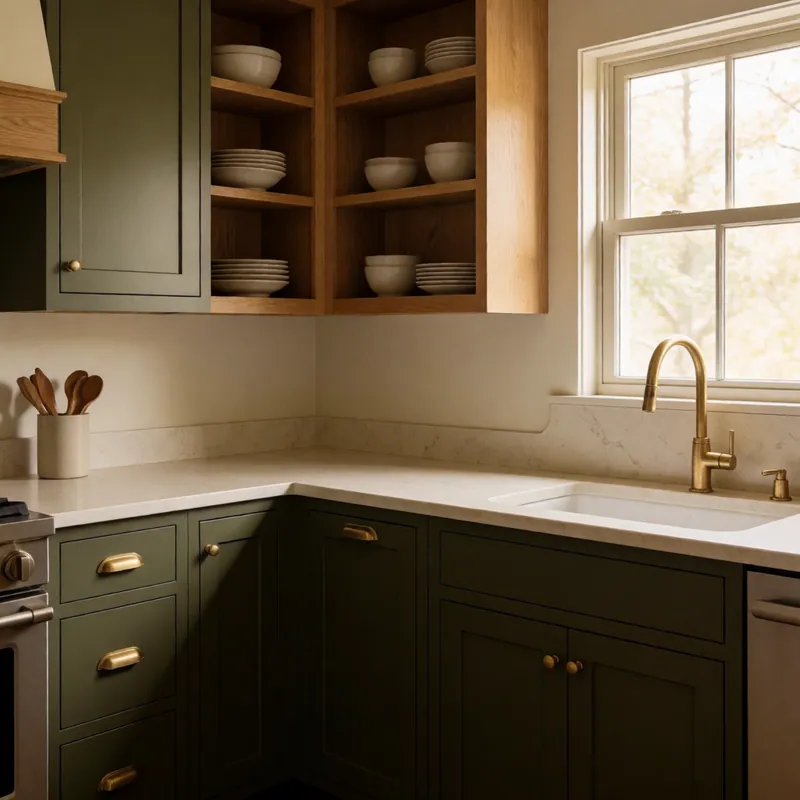 A deep olive shaker kitchen in a Woodside two-family, with unlacquered brass hardware and honed quartz counters