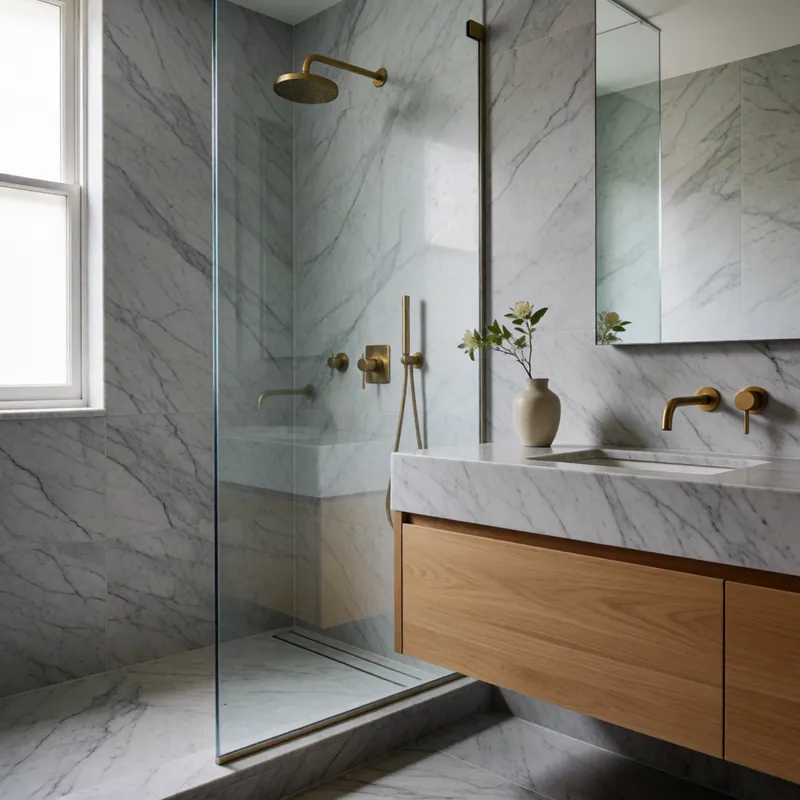 A primary bathroom in a Sunnyside co-op, finished in honed grey marble with a floating oak vanity