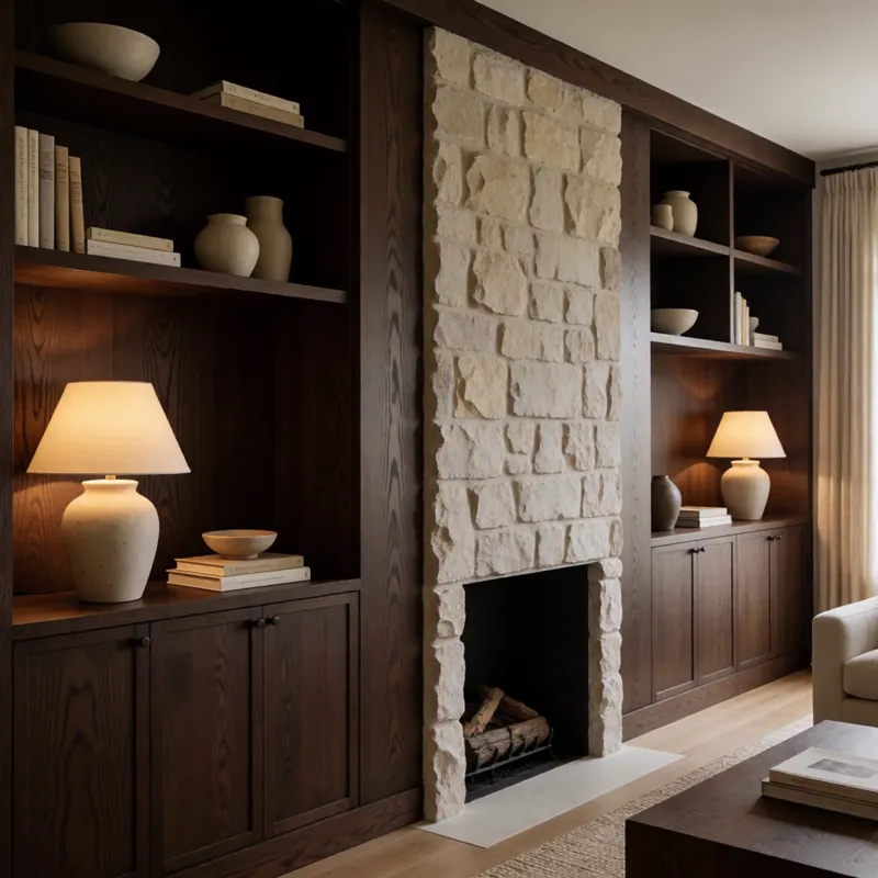 Full-height custom joinery framing a stone fireplace in a restored Jackson Heights living room