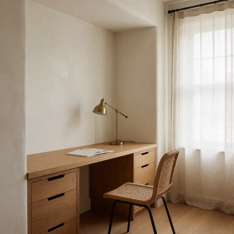 A home office built into an alcove, with a solid oak desk spanning custom drawers