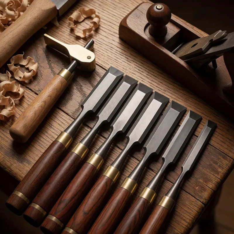 Woodworking hand tools on the bench at the Woodside Remodeling cabinetry studio