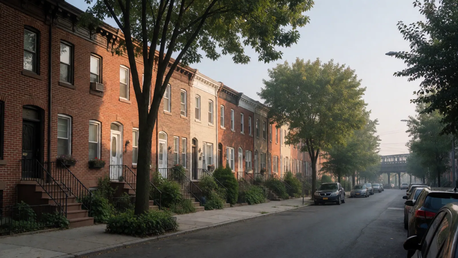 A residential street of brick rowhouses in Woodside, Queens, New York